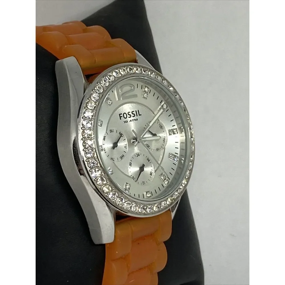 Fossil ES3202 Women Orange Rubber Analog Silver Dial Quartz Genuine Watch HK1018
